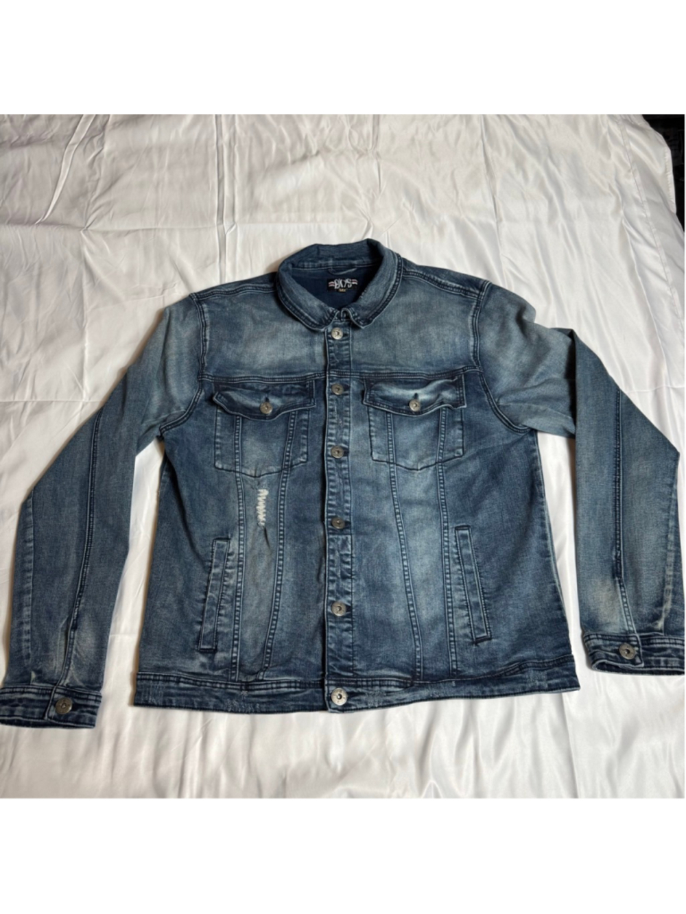 Men's BKYS Blue Distressed Denim Jacket 3XL with Lucky Charm Bunny